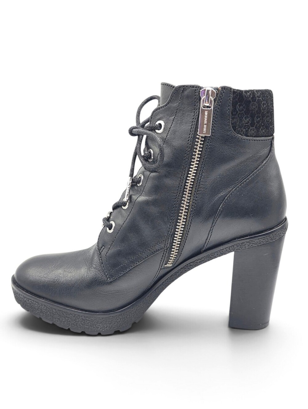 Michael Kors Kim Black Leather Lace-Up Block Heel Boots Size 7.5 - Picture 2 of 15